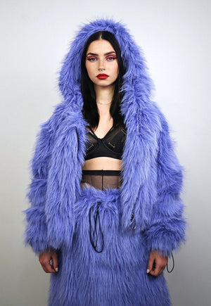 Shaggy fur coat blue hooded cropped trench festival jacket