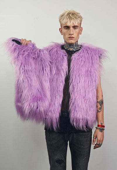 Shaggy fur coat purple collarless cropped festival trench