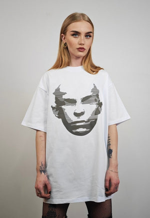 Cyberpunk t-shirt futuristic skinhead print top in white