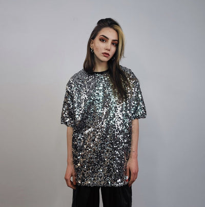 Silver sequin t-shirt glitter top sparkle jumper party pullover glam rock jumper fancy dress embellished going out metallic tee shiny grey