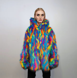 Hooded faux fur psychedelic jacket 70s bomber neon raver coat fluffy tie-dye fleece festival trench burning man going out overcoat blue pink