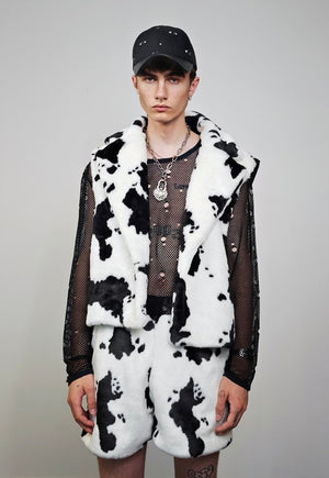 Short cow print coat faux fur cropped animal print trench