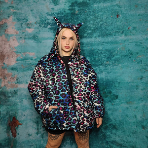 Leopard bomber handmade detachable animal print puffer reversible tie-dye raver jacket grunge devil horn coat two sided jacket in pink blue