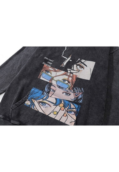 Smoke print hoodie anime pullover Japanese cartoon top grey