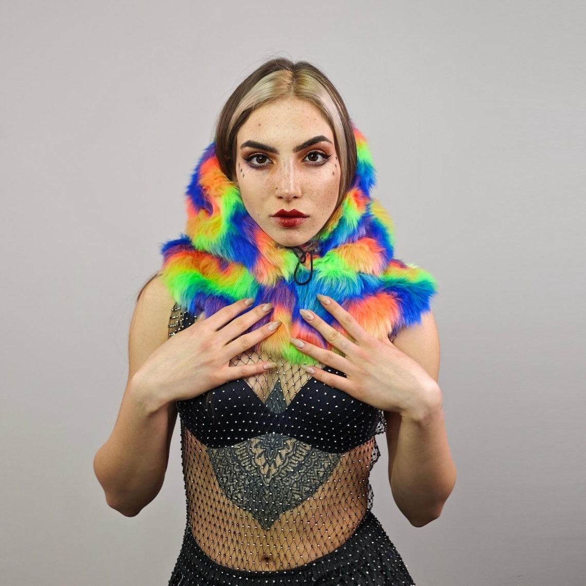 Faux fur hood rainbow snood handmade hooded unicorn hat all over fluffy rave fleece scarf unisex burning man striped bucket grunge headwear