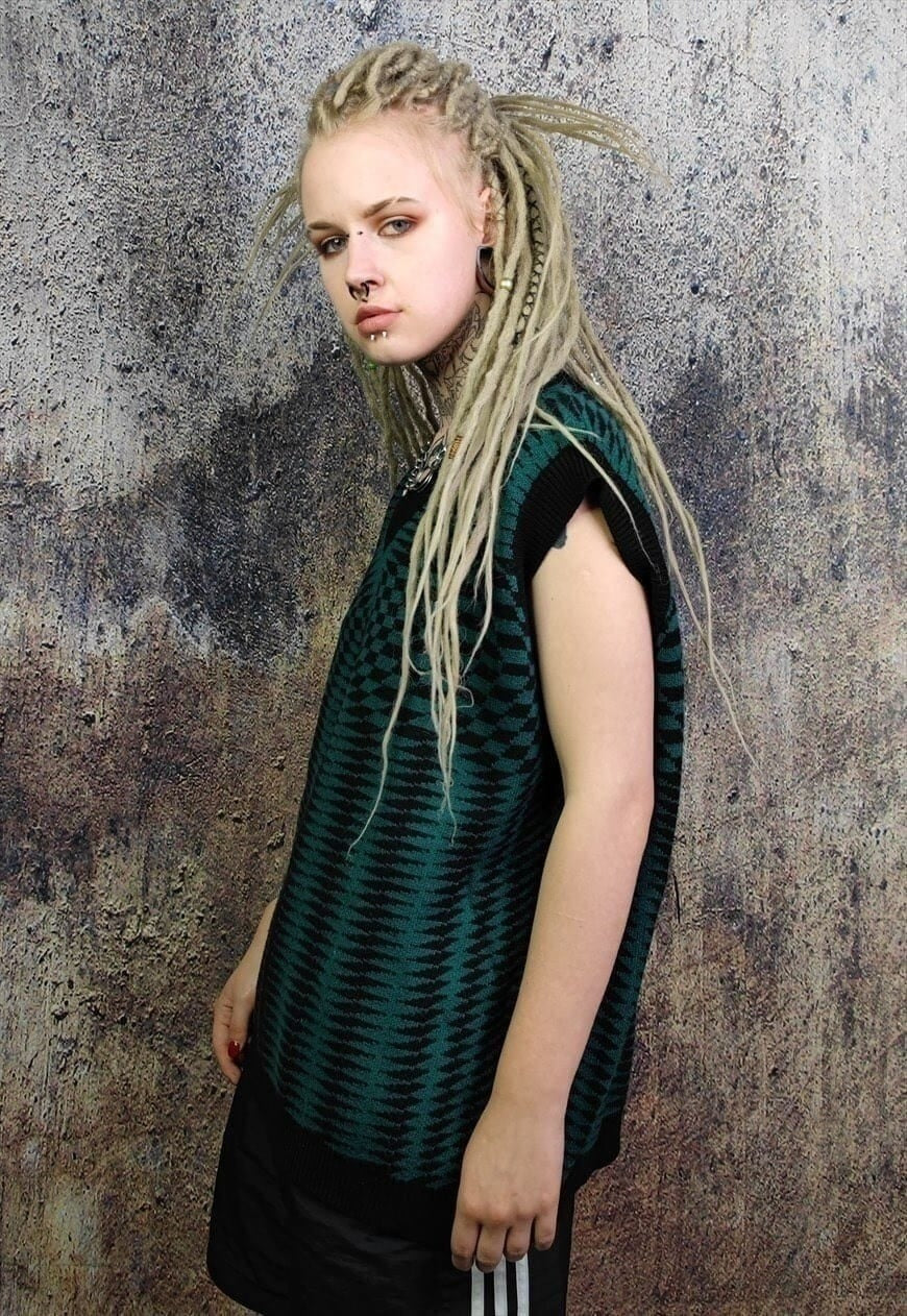 Check print sleeveless sweater chess board pattern top green