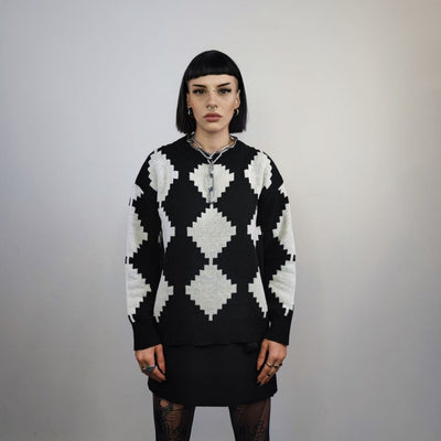 Big check sweater knitted chess jumper chequerboard top SKA knitwear rocker sweatshirt in black and white