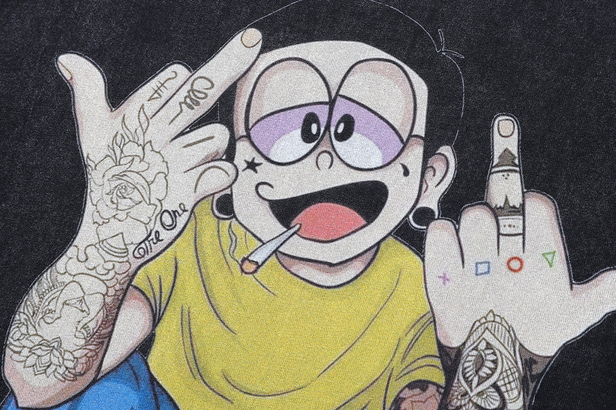 Middle finger t-shirt tattoo boy tee y2k Japanese cartoon top in vintage grey