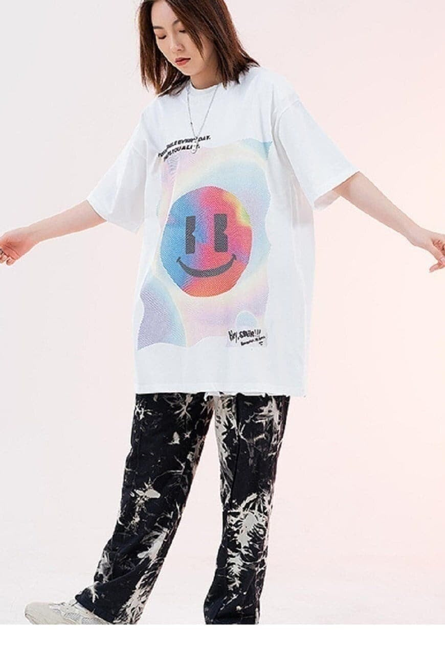 Smile print t-shirt emoji tee skater rainbow top in Black