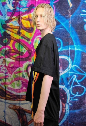 Rainbow t-shirt reworked rope top thread patch tee in black