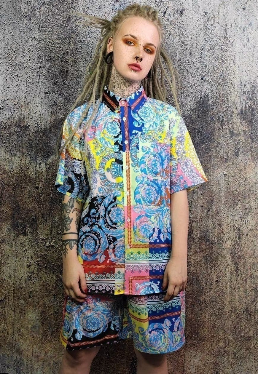 Fluorescent flower shirt rose print short sleeve top yellow