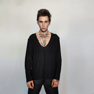 Deep V-neck top revealing blouse solid sweatshirt cut out neck long sleeve t-shirt rocker jumper edgy baggy tee in black