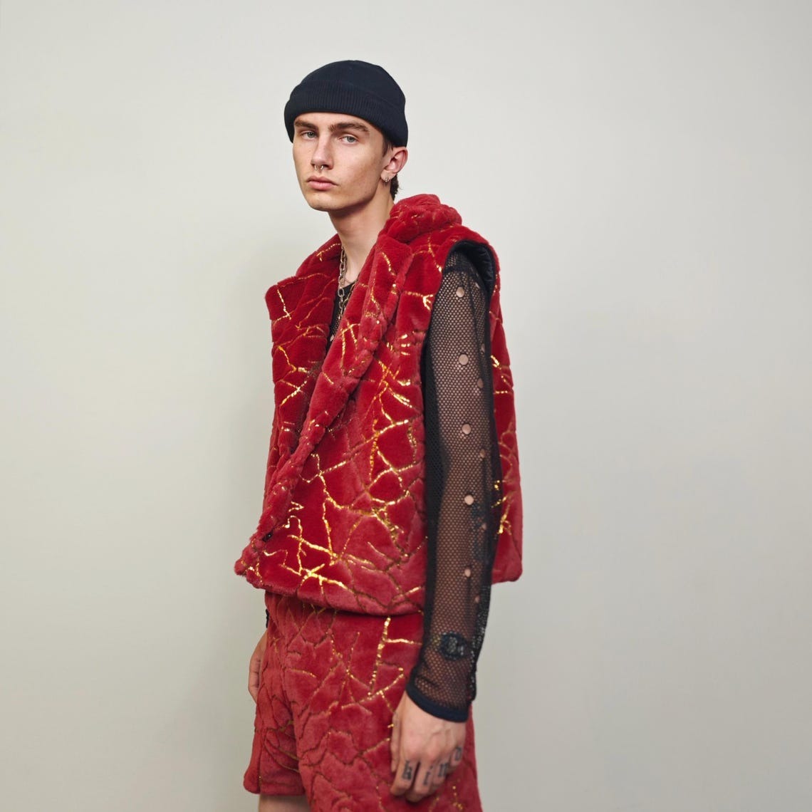 Cropped going out coat red gold glitter trench shiny embellished fleece jacket detachable sleeves handmade party overcoat festival set