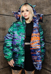 Tie-dye bomber handmade detachable graffiti puffer devil horn jacket abstract gradient print reversible coat in blue orange