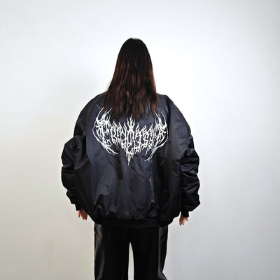 Gothic varsity jacket cross embroidered college bomber pentagram patch grunge coat 90s punk rocker windbreaker going out graffiti MA1 black