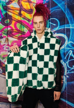 Check fleece hood jacket handmade fluffy chess bomber green