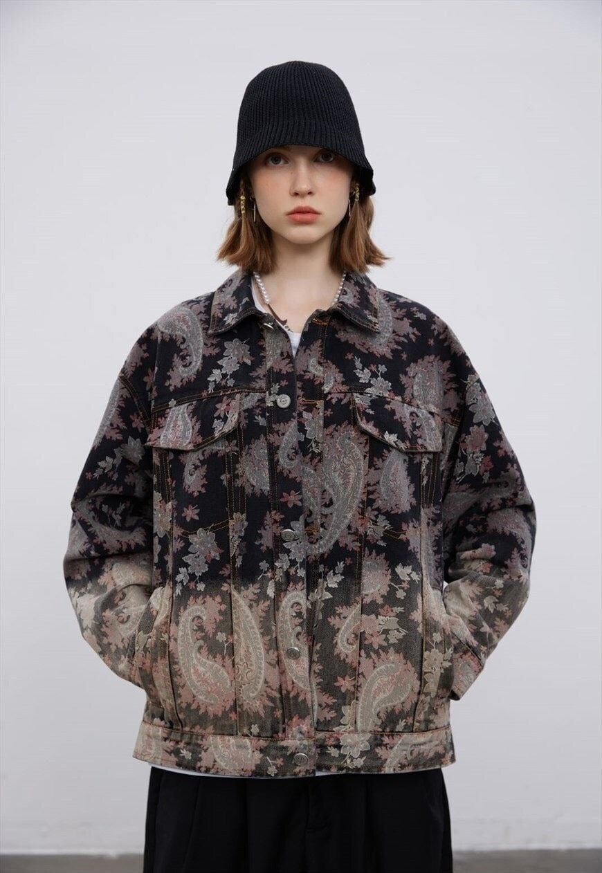 Paisley denim jacket tie-dye Floral jean blazer in brown