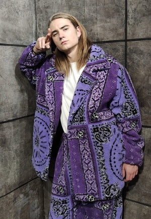 Paisley fleece coat hand made bandanna trench jacket purple