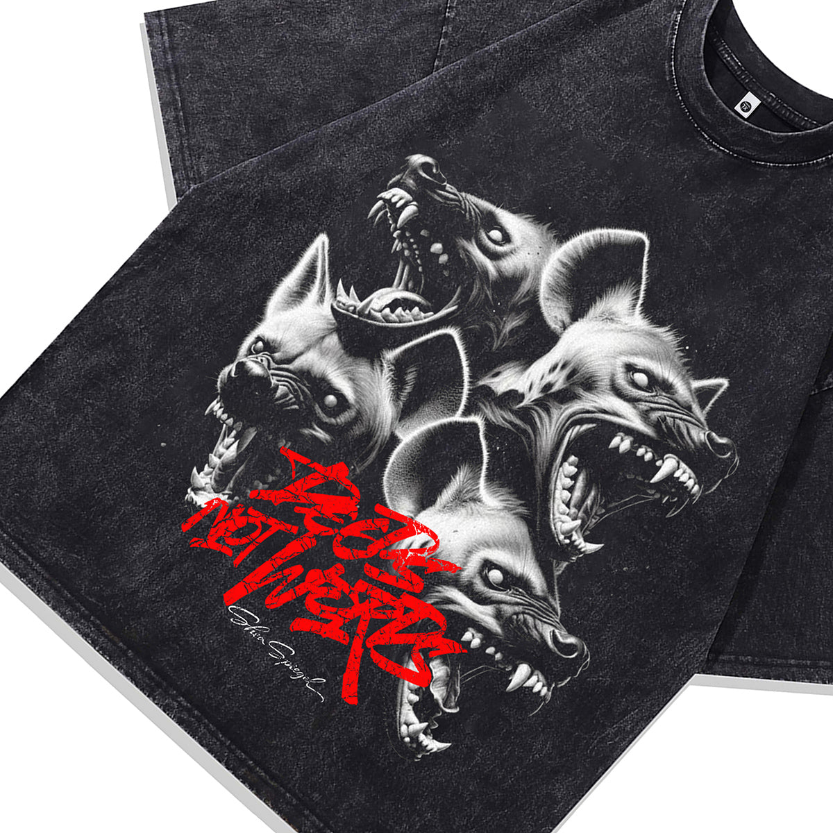Hyenas print t-shirt creepy animal tee retro gothic top in vintage grey