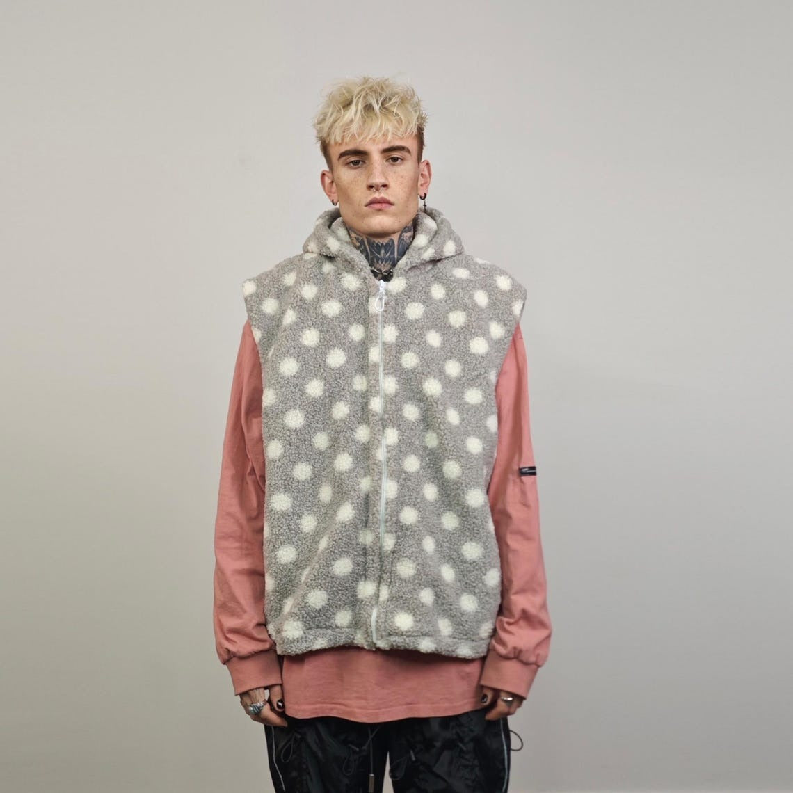 Spot pattern fleece jacket gray hooded polka dot bomber retro geometric coat detachable sleeves handmade preppy overcoat fluffy festival set