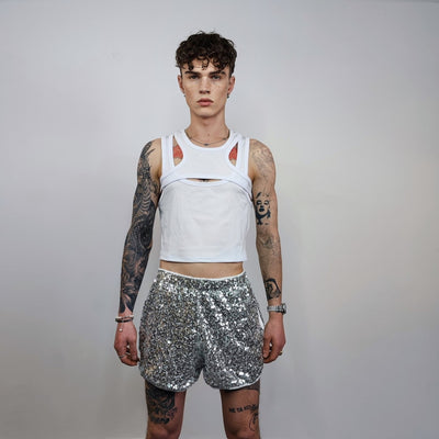 Silver sequin shorts glitter pants sparkle elastic waist party trousers glam rock short joggers embellished bottoms in grey metallic