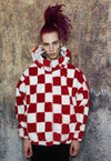 Check fleece hood jacket reversible fluffy chess bomber red