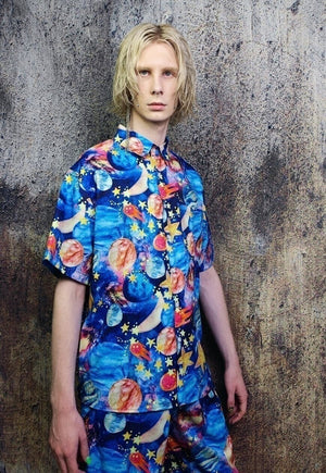 Space shirt night sky print short sleeve top in blue