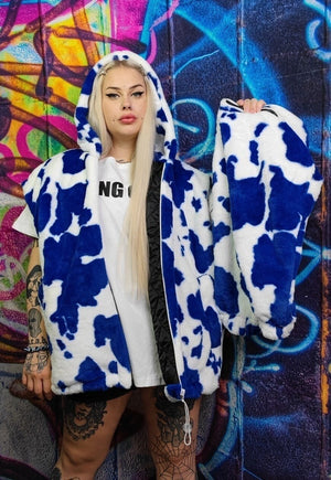 Cow fleece hooded jacket detachable fluffy animal print coat