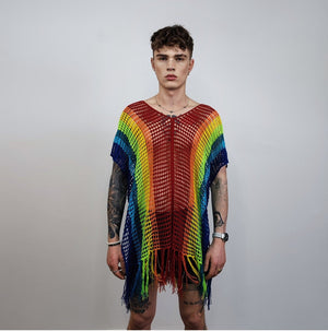 Rainbow mesh top Gay pride sweater rave poncho transparent jumper LGBT see-through blouse carnival sweatshirt crochet t-shirt in multi