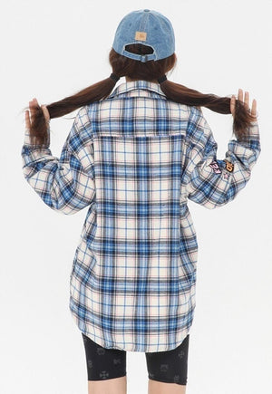 Retro check shirt long sleeve vintage wash top in blue