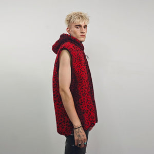 Animal print hooded jacket red leopard fleece bomber padded cheetah pullover detachable sleeves handmade top spot pattern festival overcoat