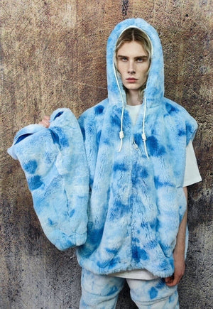 Tie-dye fleece jacket detachable faux fur fest bomber blue