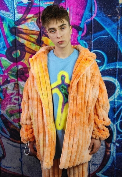 Tie-dye fleece coat handmade 2in1 hood trench jacket orange