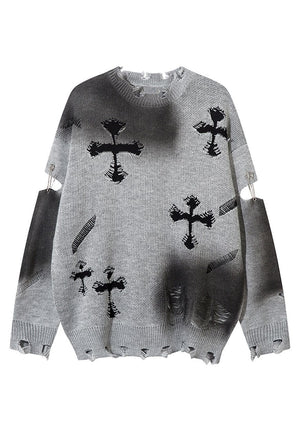 Cross patch sweater grey ripped goth jumper grunge rock top