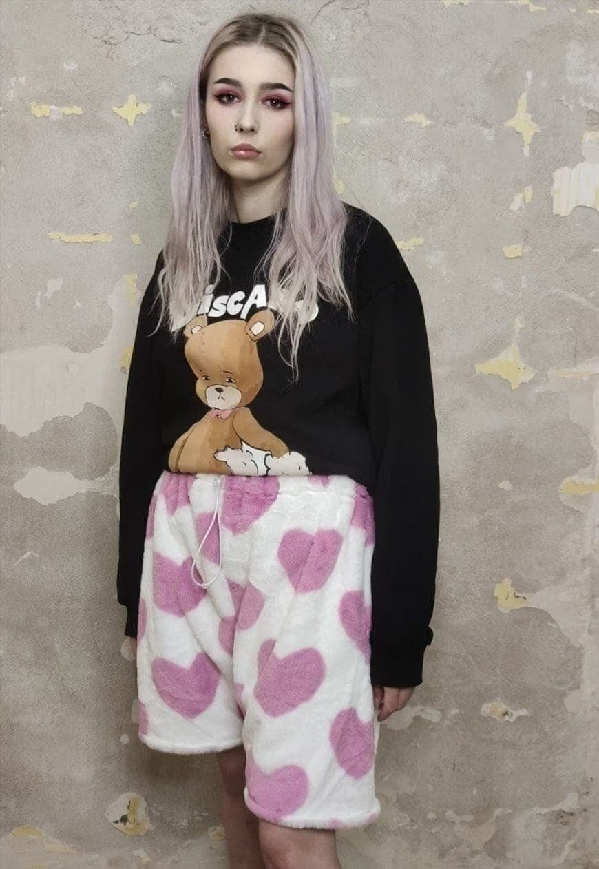 Heart fleece shorts handmade cropped love overalls in pink