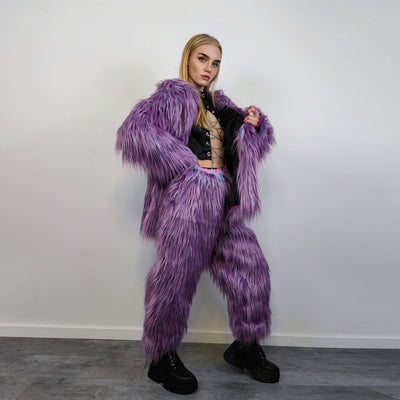 Shaggy faux fur jacket lavender neon bomber rave coat fluffy puffer Taylor Swift fleece luminous festival hood burning man overcoat purple