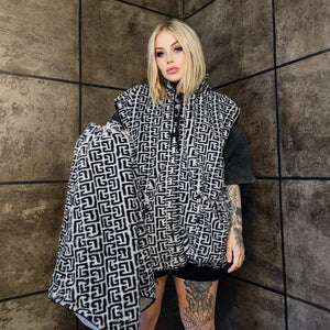 Geometric fleece jacket handmade detachable fluffy bomber faux fur Arabic pattern premium check coat in monochrome black and white