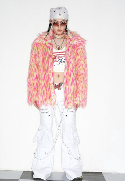 Shaggy faux fur coat pink orange fuzzy aviator raver bomber