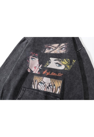 I-girl cartoon hoodie anime pullover female top in acid grey