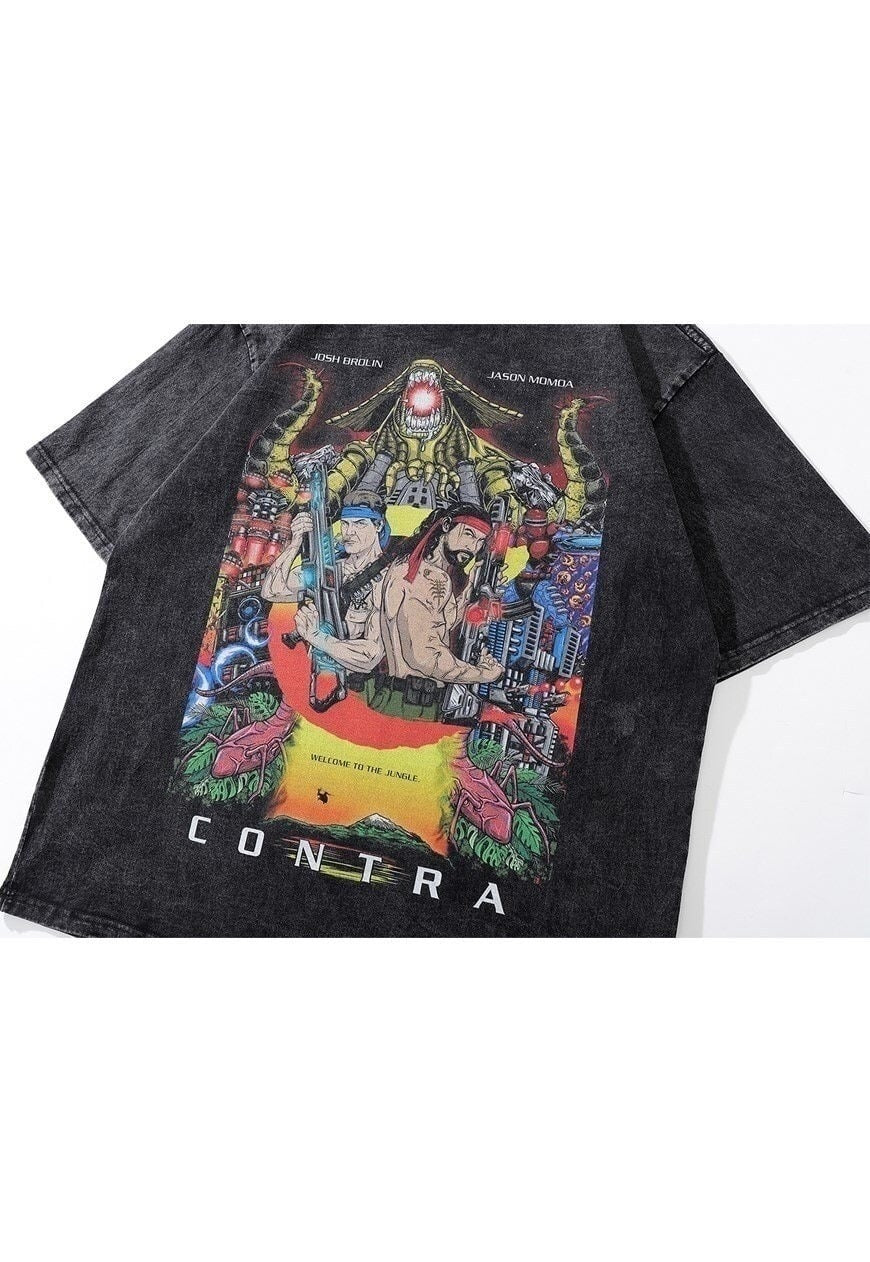 Contra print t-shirt old computer game tee retro top in grey