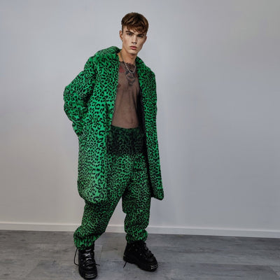 Leopard faux fur joggers winter raver pants fluffy animal print trousers skiing fleece overalls festival bottoms burning man pants in green