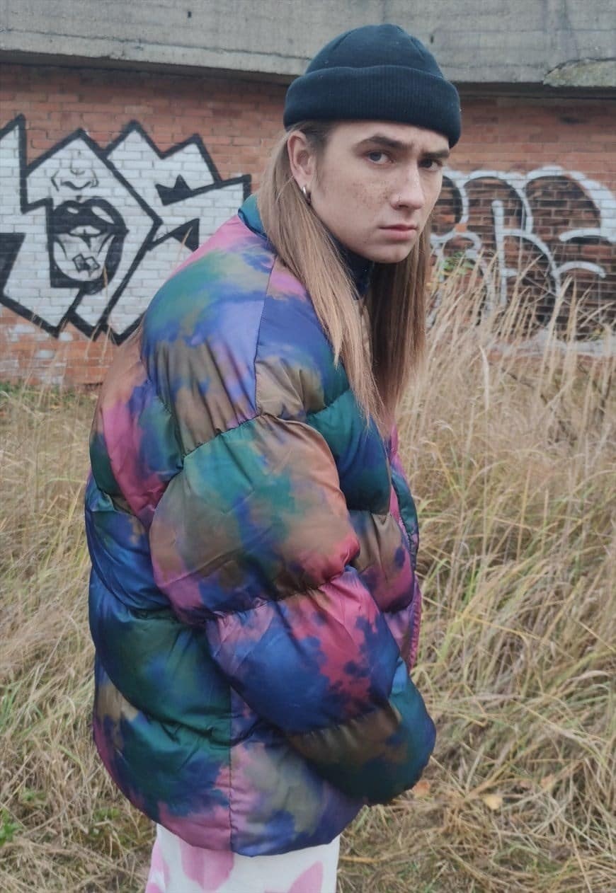 Tie-dye bomber paint splatter puffer quilted jacket purple