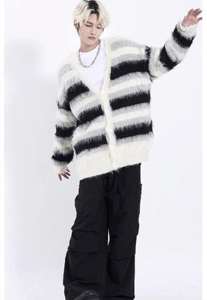 Striped fluffy cardigan knitted long hair jumper woolen top