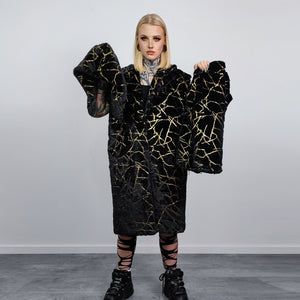 Golden foil long coat hooded metallic painted trench going out bomber detachable party fleece removable sleeves burning man jacket in black