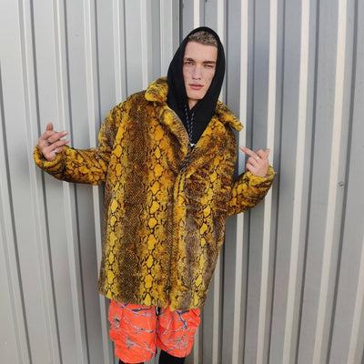 Luxury faux fur snake coat python print bomber handmade fluffy crocodile jacket fleece puffer premium grunge snake skin trench in yellow