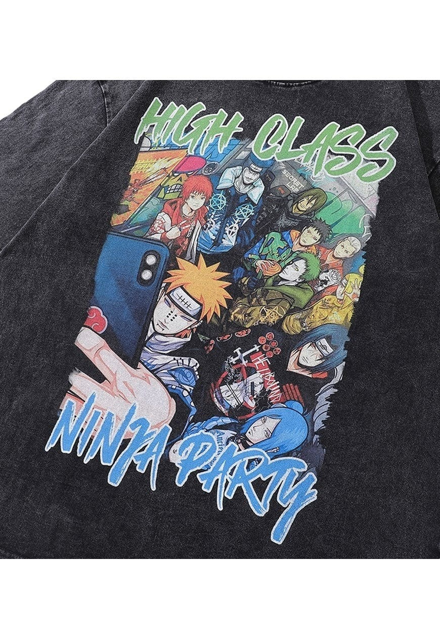 Anime print t-shirt tee retro Japanese top in grey