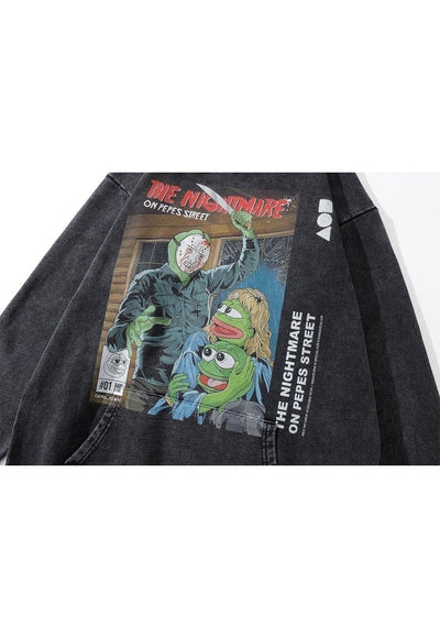 Kermit print hoodie retro cartoon pullover grunge top grey