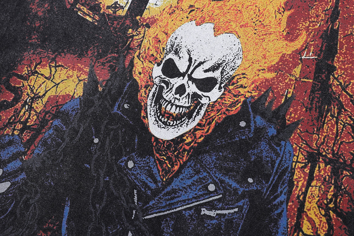 Biker t-shirt ghost slogan tee skeleton print top in vintage grey