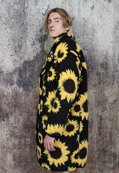 Daisy fleece jacket retro sunflower floral trench coat black