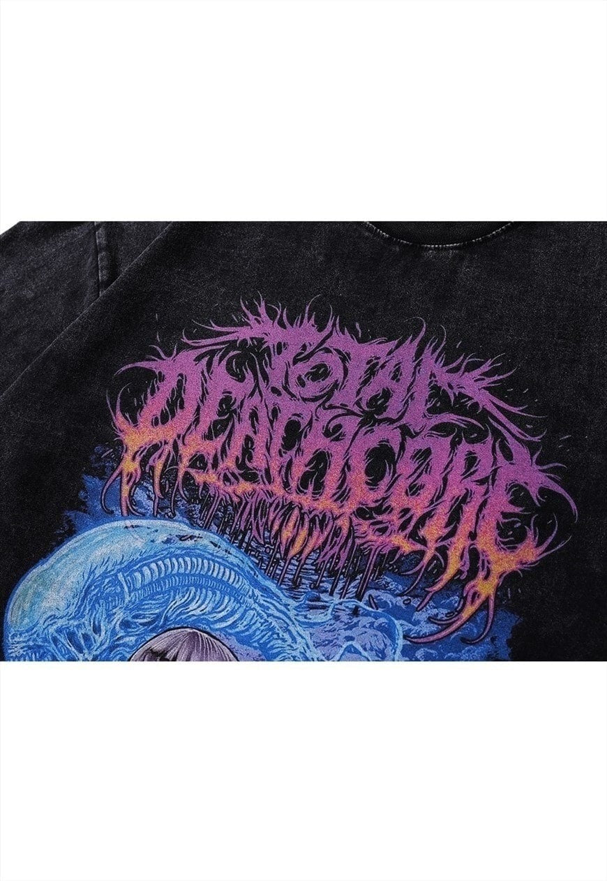 Anime t-shirt vintage wash Total Deathcore top long tee grey